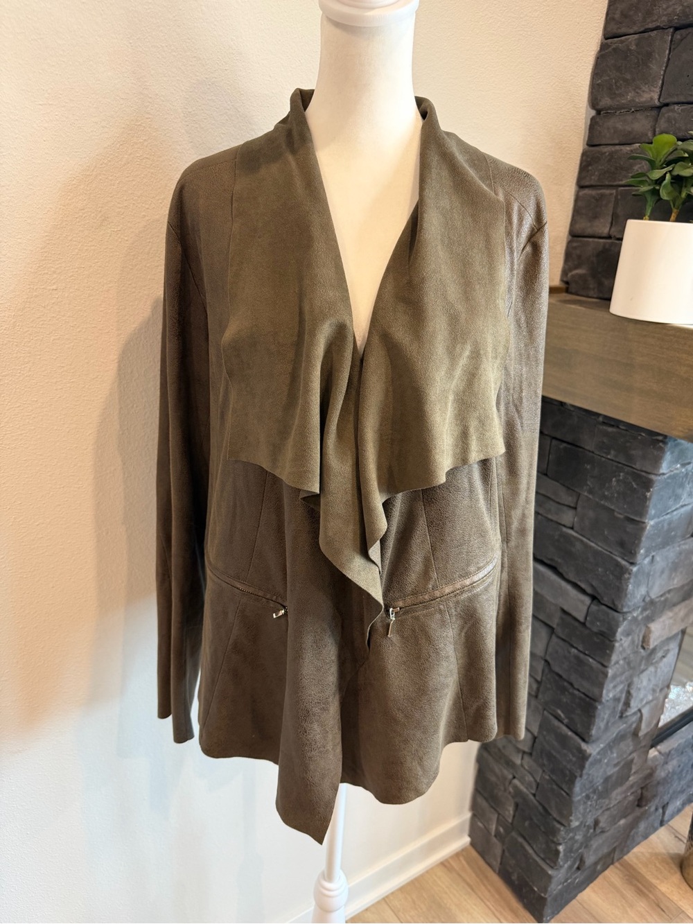 Worthington Brown Faux Suede Draped Open-Front Jacket. Size L